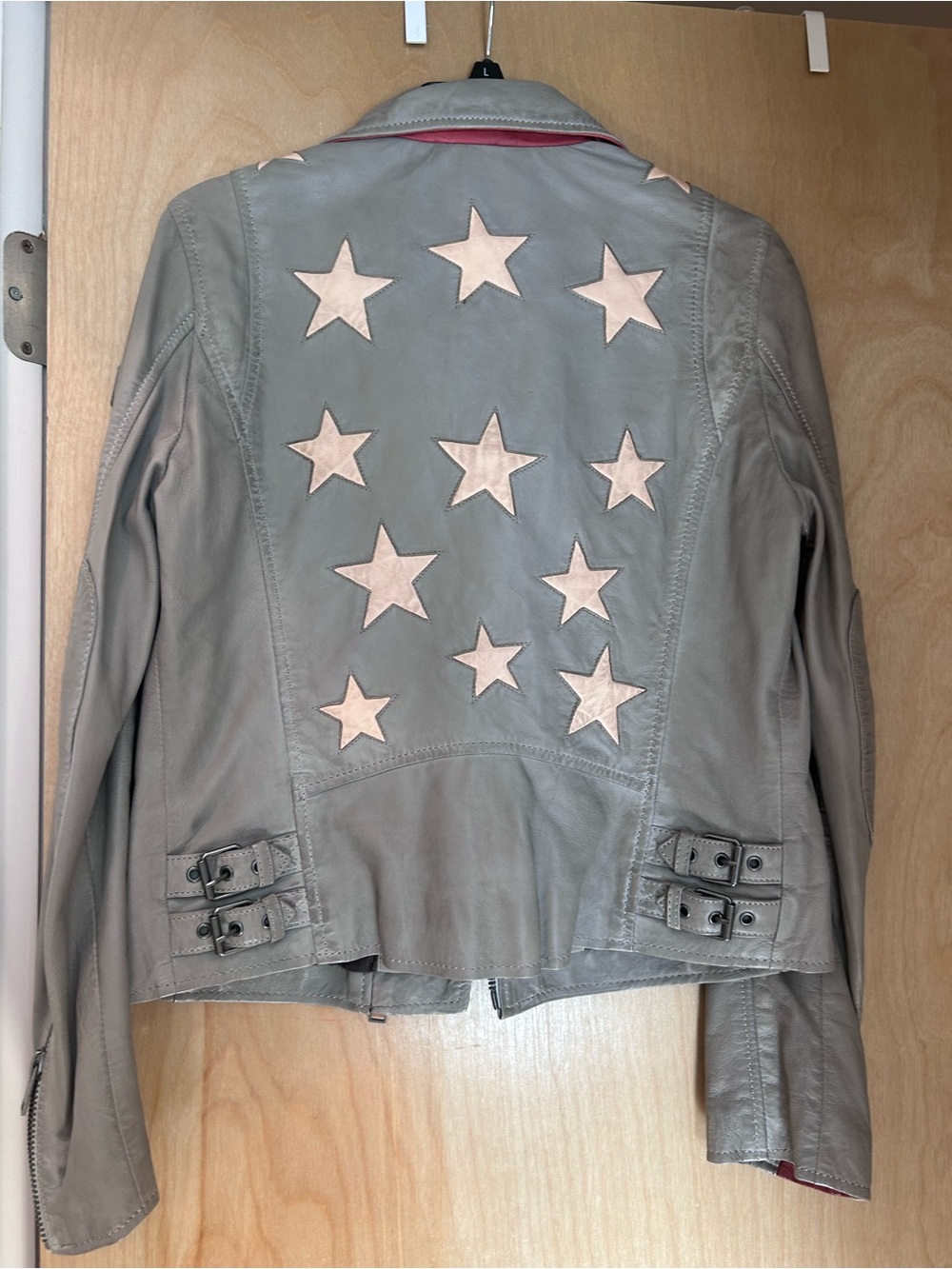 Gray Leather Jacket with Pale Pink Star Appliqués